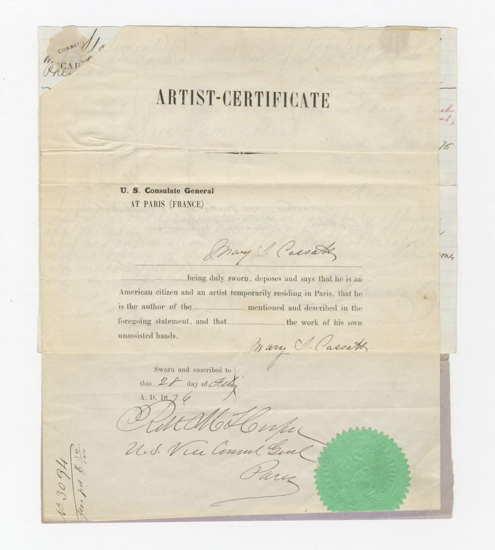Mary Cassatt Triple Signed Declaration for One of Her Renowned Pieces of Artwork sold by University Archives, lot 140 — auction record photograph