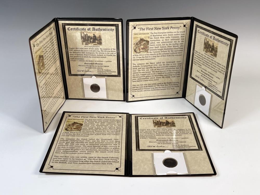 THREE DUTCH EAST INDIES "FIRST NEW YORK PENNY" COPPER DUITS COIN SETS sold by Converse Auctions, lot 324 — auction record photograph