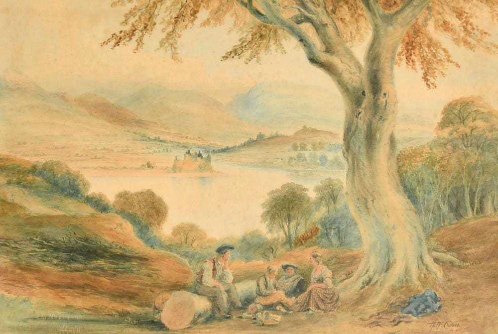 Horatio McCulloch comparable auction result: horatio mcculloch 1805 1867 scottish wayfarers resting with a view of loch awe and kilchurn castle in the d