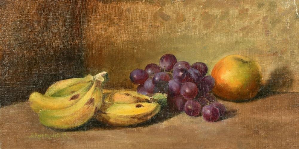 Werner Weber comparable auction result: werner weber 1892 1977 a still life of fruit bananas grapes and an apple oil on canvas laid down 8 75