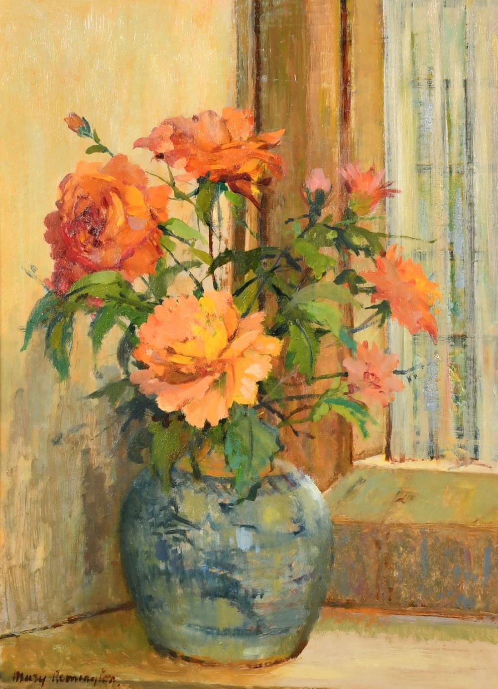 Mary Remington comparable auction result: mary remington 1910 2003 british roses in the window oil on board signed 18 5 x 13 5 47 x 34cm
