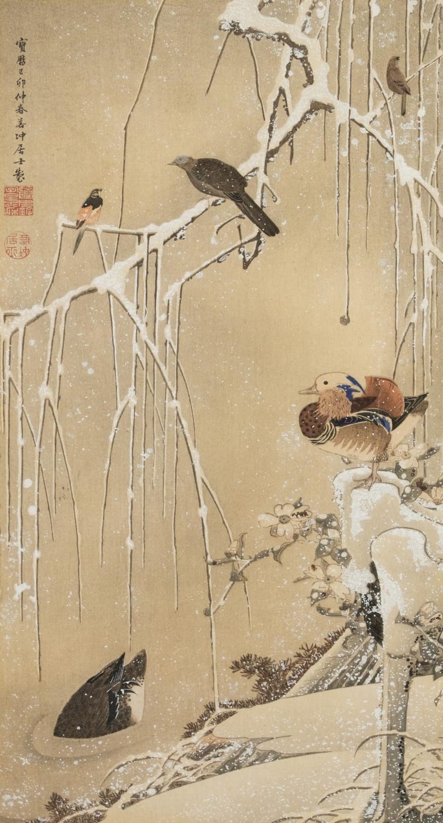 Ito Jakuchu comparable auction result: ito jakuchu willow tree and mandarin ducks color woodcut