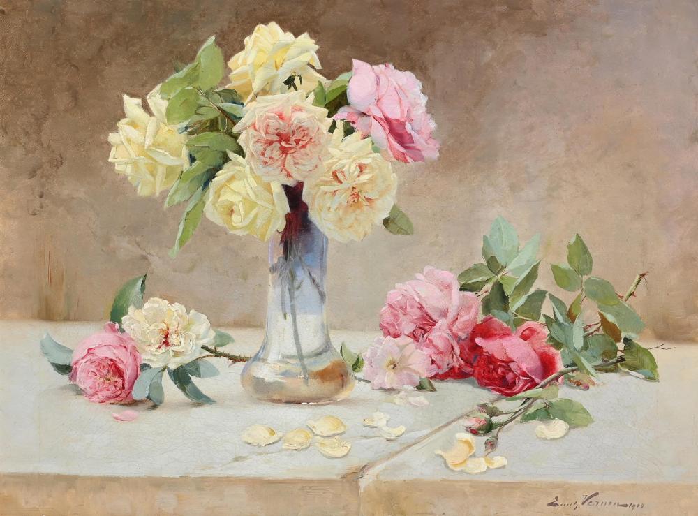 Emile Vernon comparable auction result: emile vernon french 1872 1919 still life of roses in a glass vase on a stone ledge