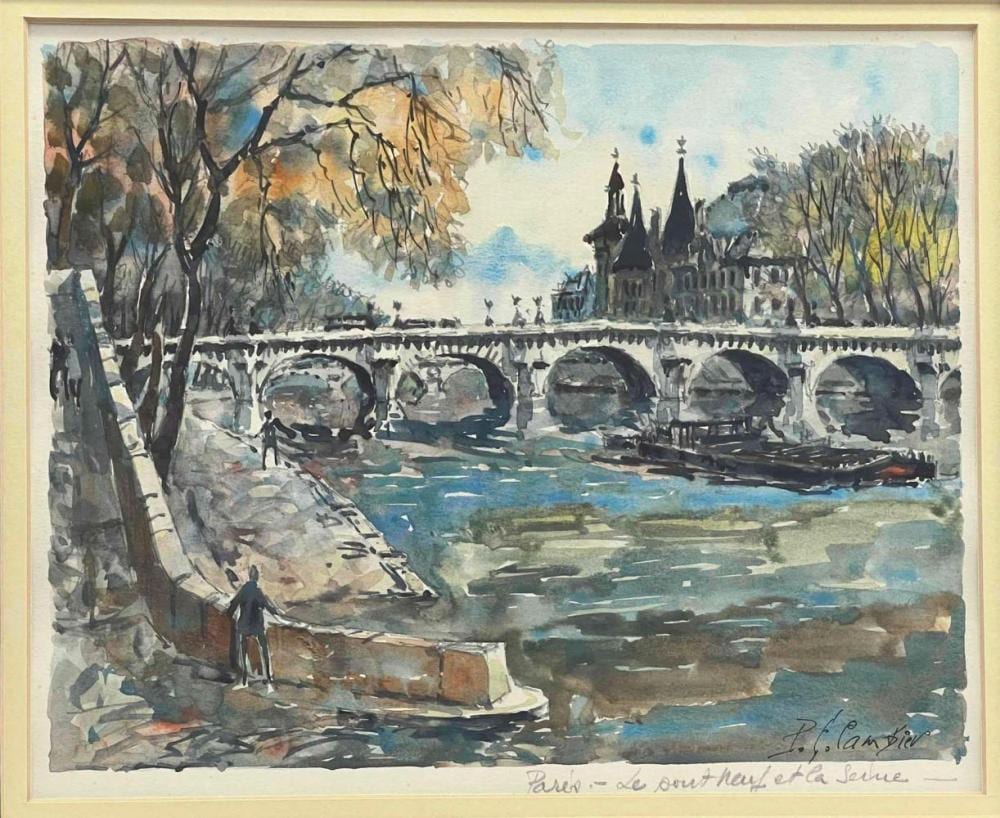 Pierre Cambier comparable auction result: pierre eugene cambier paris river bridge watercolor on paper