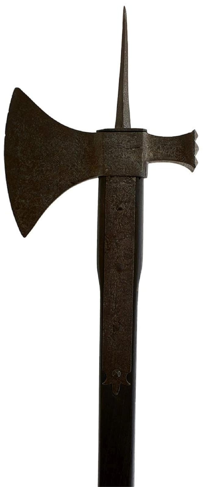 Bronze-colored medieval war axe or polearm with a leaf-shaped blade and pointed spike on top, shown upright against a white background.