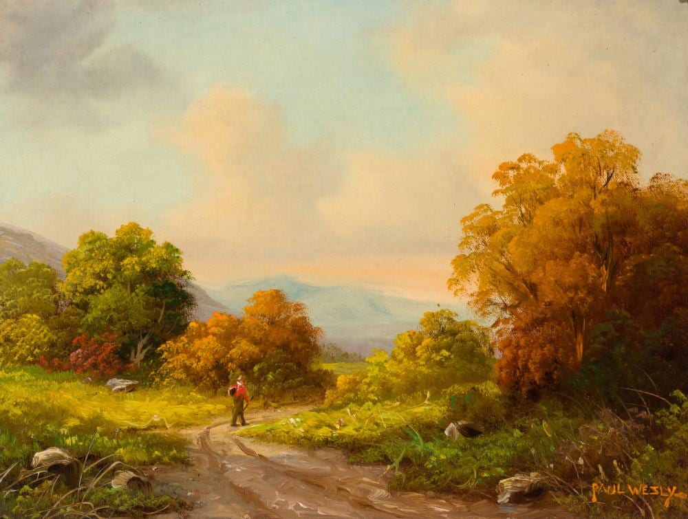 Paul Wesley comparable auction result: paul wesley am 19th 20th century catskill walker oil on panel framed 11 3 4 x 15 3 4 sight 16 1 2 x 20 framed