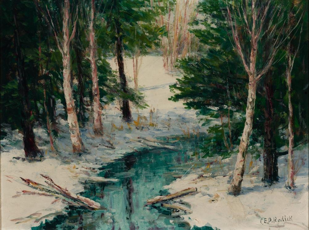 Charles E. Duncan Rodick comparable auction result: charles e duncan rodick am can 1874 c 1940 winter stream oil on panel framed 11 13 16 x 16 actual 16 3 4 x 20 13 16 framed