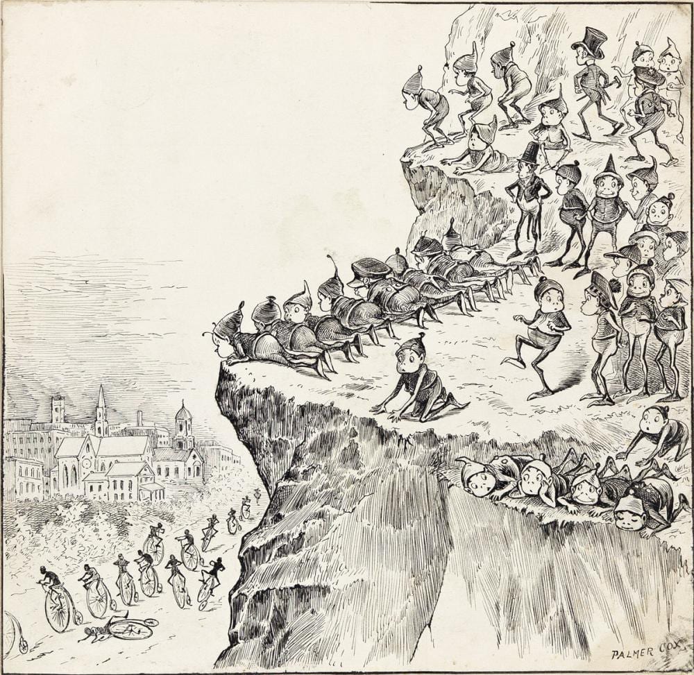 Palmer Cox comparable auction result: palmer cox 1840 1924 one evening brownies peeping down from bluffs that overlooked the town bicycle