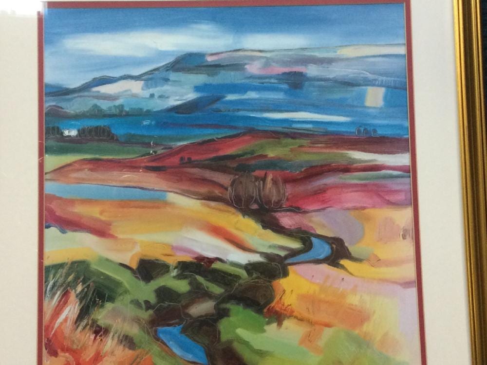 Judith I Bridgland, colourful square landscape, signed in print, titled to verso Burn Flowing from t sold by Railtons, lot 232 — auction record photograph
