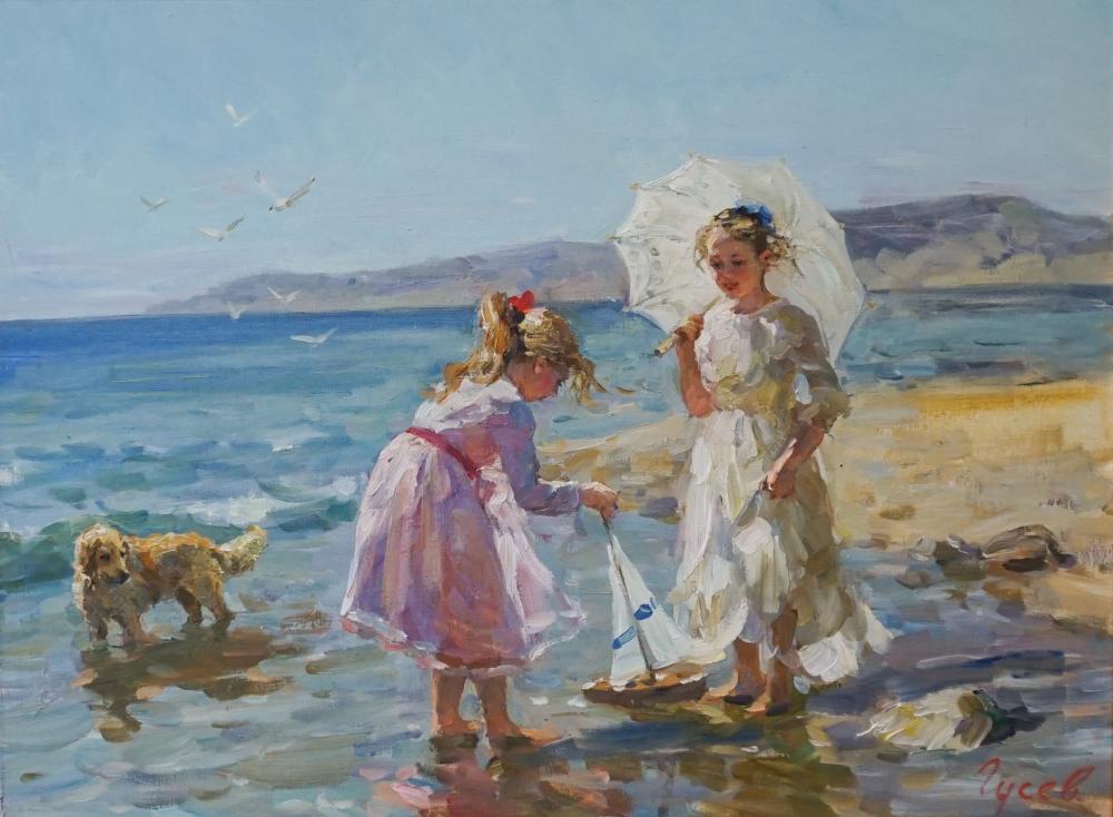 Vladimir Goussev comparable auction result: vladimir goussev russian b 1957 young girls at the beach oil on canvas signed in cyrillic l r frame 26 x 32 in 66 04 x 81 28 cm