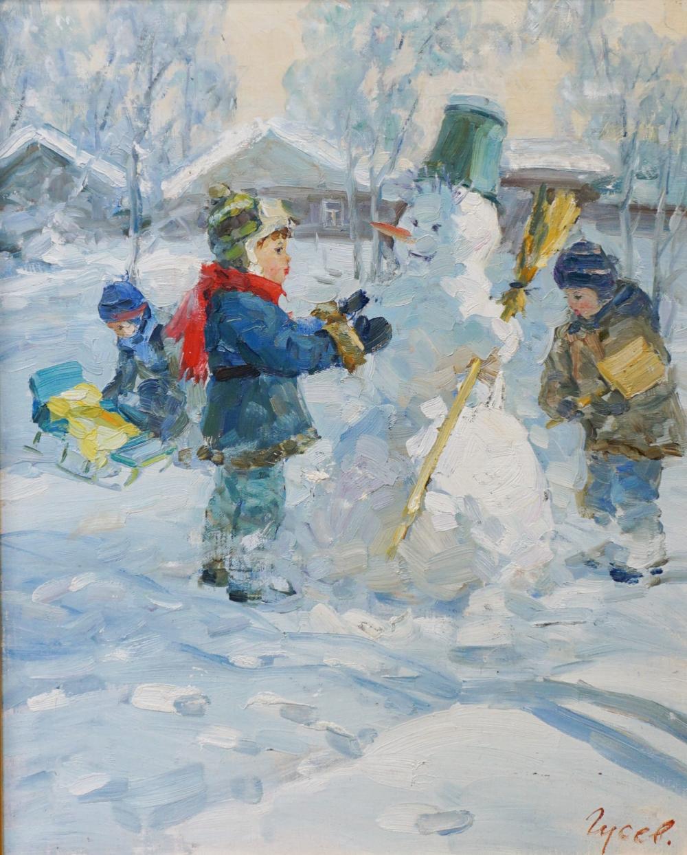 Vladimir Goussev comparable auction result: vladimir goussev russian b 1957 building a snowman oil on canvas signed in cyrillic l r frame 26 1 2 x 22 1 2 in 67 31 x 57 15 cm
