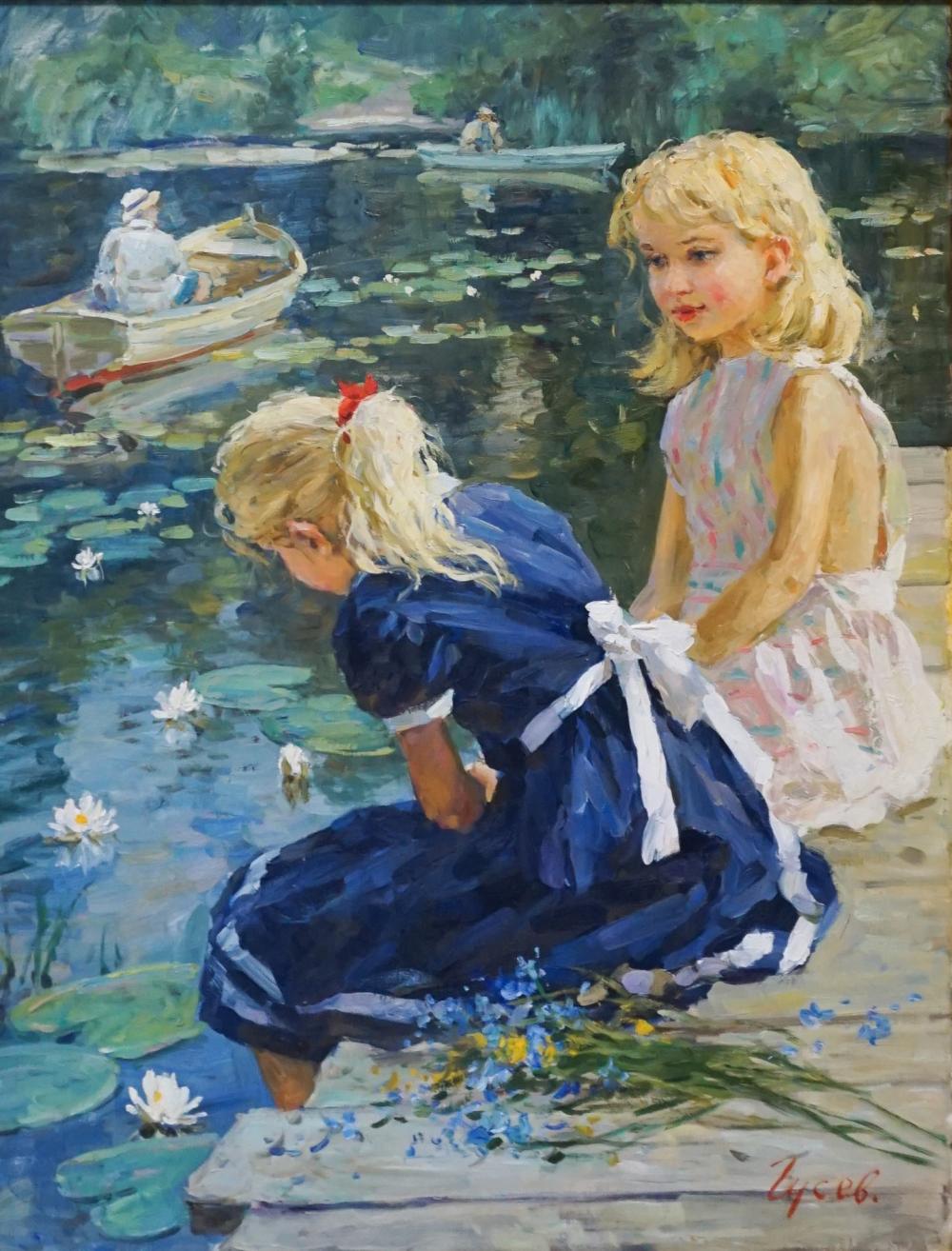 Vladimir Goussev comparable auction result: vladimir goussev russian b 1957 two young girls on the dock oil on canvas signed in cyrillic l r frame 39 x 31 in 99 06 x 78 74 cm