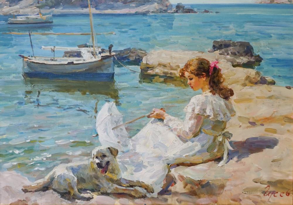 Vladimir Goussev comparable auction result: vladimir goussev russian b 1957 young woman at the beach oil on canvas signed in cyrillic l r frame 28 x 35 in 71 12 x 88 90 cm