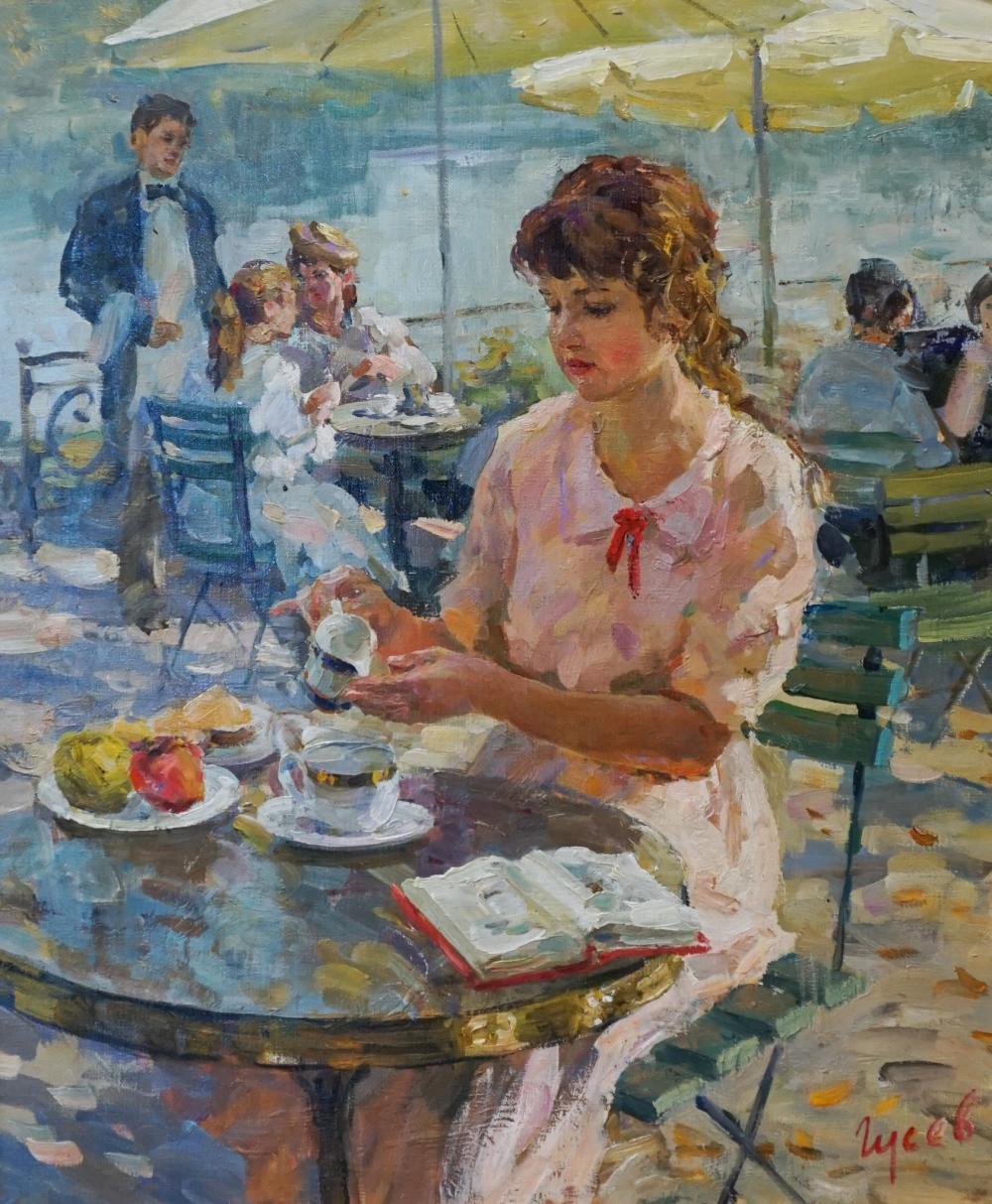 Vladimir Goussev comparable auction result: vladimir goussev russian b 1957 young woman at the cafe oil on canvas signed in cyrillic l r frame 31 3 4 x 27 1 2 in 80 65 x 69 85 cm