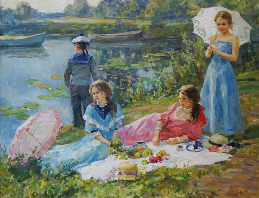 Vladimir Goussev comparable auction result: vladimir goussev russian b 1957 a day at the pond oil on canvas signed in cyrillic l r frame 35 x 42 in 88 90 x 106 68 cm