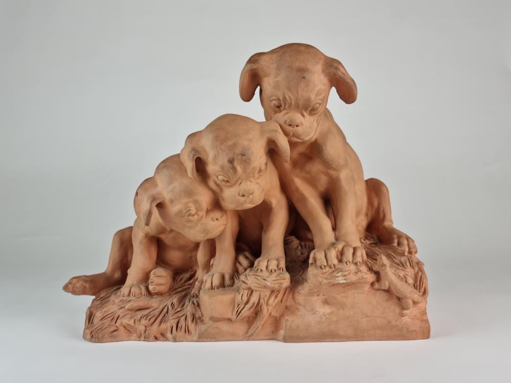 Georges Lucien Vacossin comparable auction result: french terracotta group of three pug dog puppies looking at lizard after georges lucien vacossin