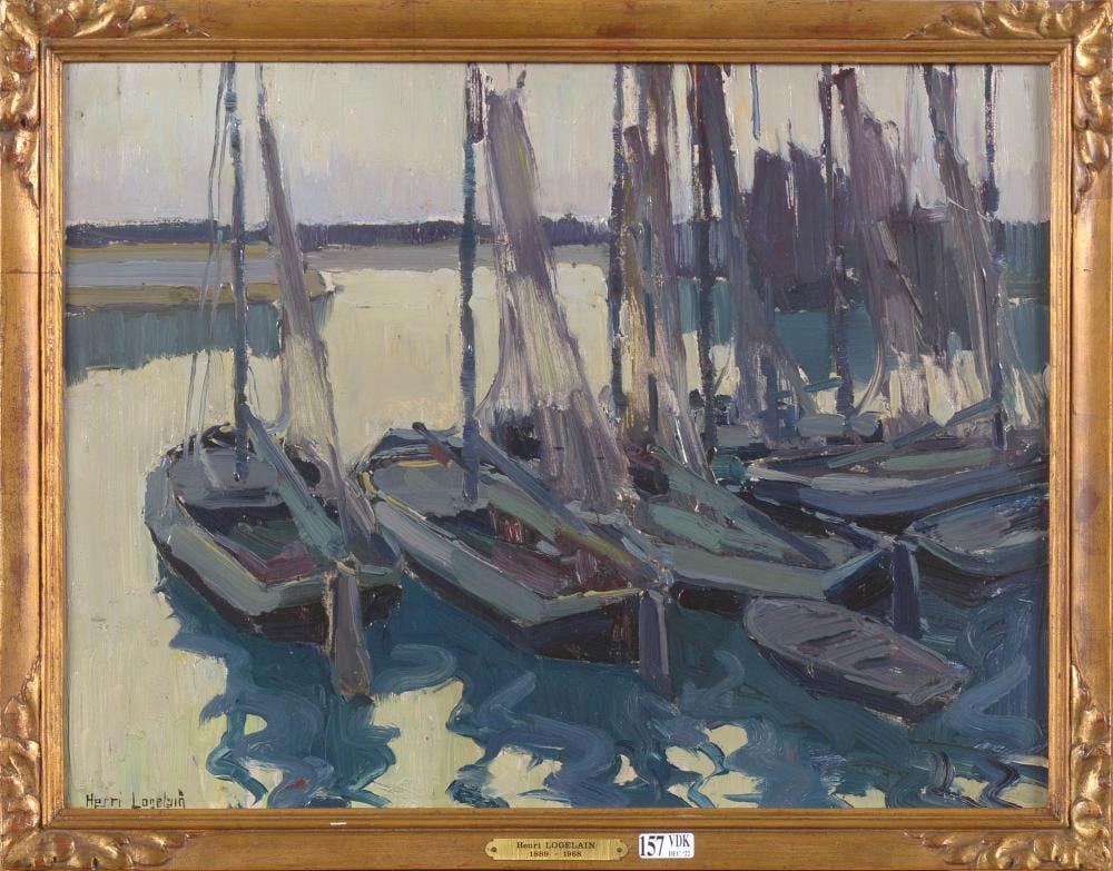huile sur panneau bateaux de p che au port sign · Vanderkindere · 2022-12-13 Henri Logelain comparable auction result: huile sur panneau bateaux de p che au port sign