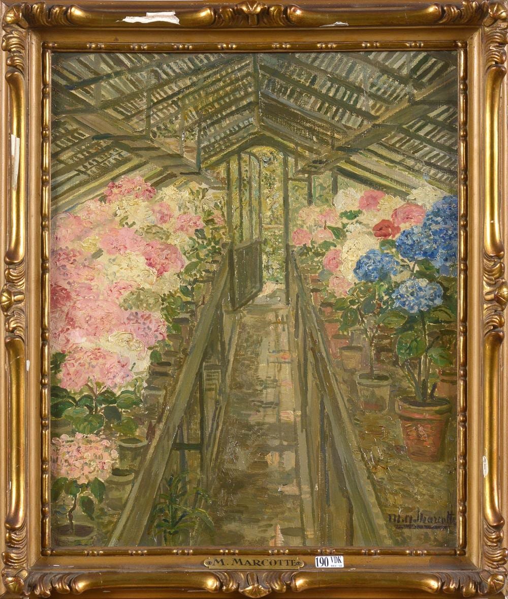 huile sur toile vue de la serre aux hortensias · Vanderkindere · 2022-12-13 Marie Antoinette Marcotte comparable auction result: huile sur toile vue de la serre aux hortensias