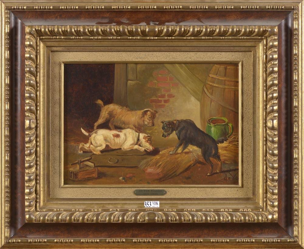 huile sur panneau chiens jouant sign en bas · Vanderkindere · 2022-12-14 Joos Vincent de Vos comparable auction result: huile sur panneau chiens jouant sign en bas