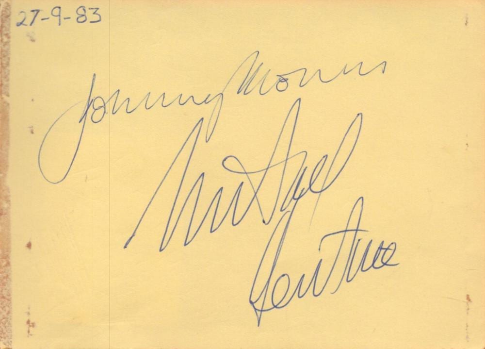 Johnny Morris and Michael Bentine signed 5x4 yellow album page. All autographs come with a sold by Chaucer Auctions, lot 126 — auction record photograph