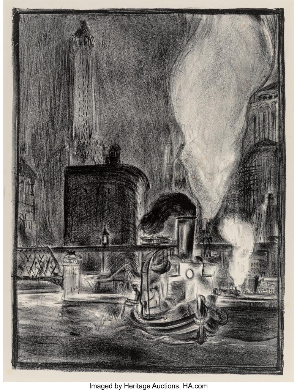 Raoul Varin comparable auction result: raoul varin french 1956 1943 michigan avenue chicago and rush street bridge