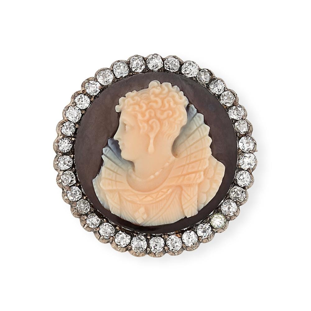 AN AUSTRIAN ANTIQUE DIAMOND AND AGATE CAMEO BROOCH, 19TH CENTURY in yellow gold and silver, set with sold by Elmwood's, lot 192 — auction record photograph