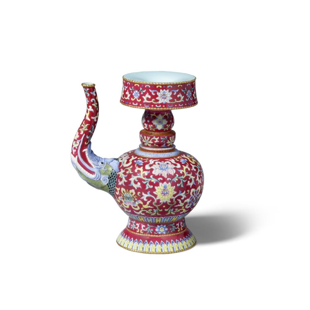 A RARE RUBY-GROUND FAMILLE-ROSE 'BAJIXIANG' EWER, PENBA HU Qianlong seal mark, Republic period sold by Bonhams, lot 7 — auction record photograph