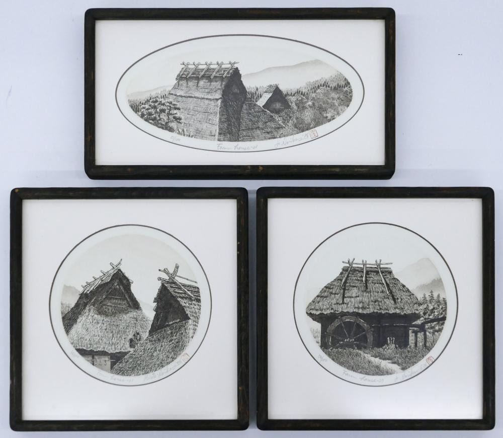 Hiroto Norikane comparable auction result: 3pc hiroto norikane farm house small mezzotints
