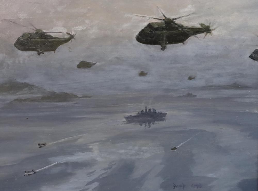 David Cobb comparable auction result: david cobb british 1921 2014 sea king helicopters and warships falklands oil on board 29 x 39cm