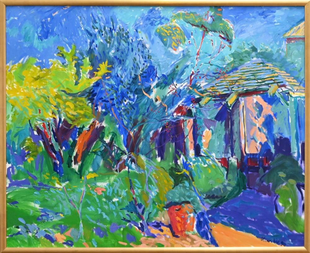 Roy Churcher comparable auction result: roy churcher spring garden ii 1990 oil on canvas signed and dated lower right 120 x 150cm frame size 126 x 156cm provenance