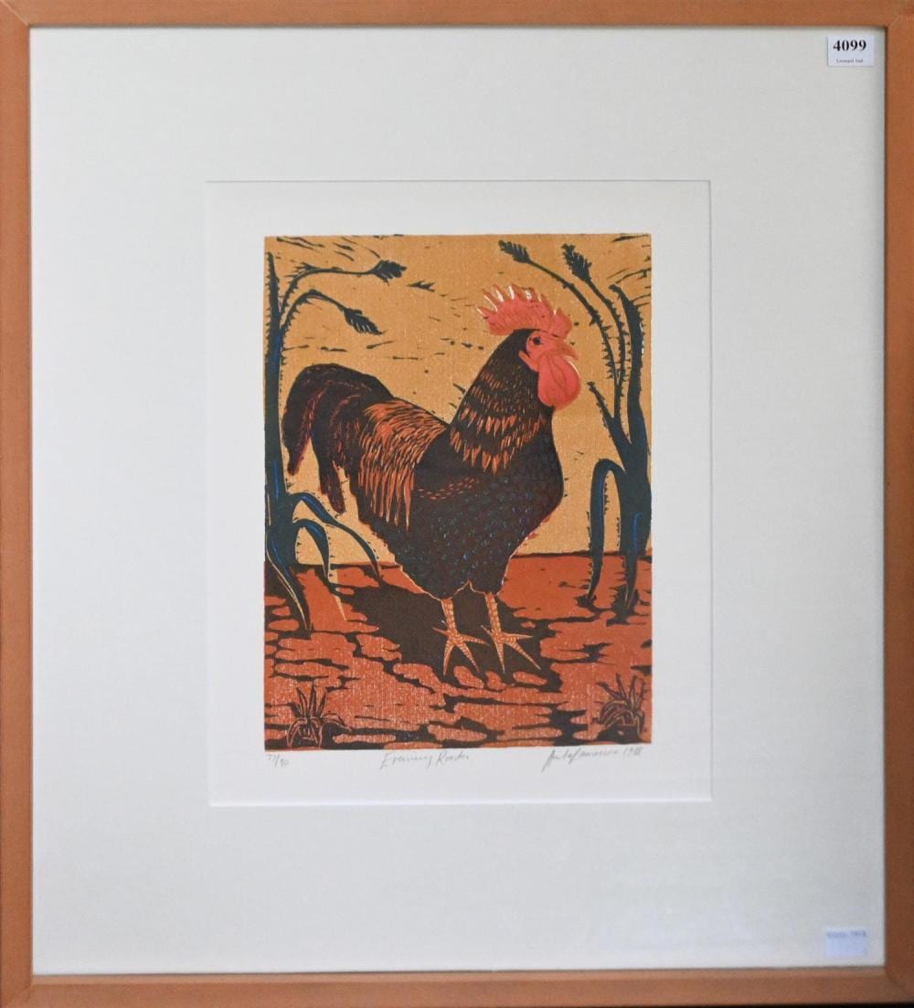 Anita Laurence comparable auction result: anita laurence evening rooster 1988 linocut ed 77 80 30 x 21 cm frame size 59 x 49 cm provenance the national australia ba