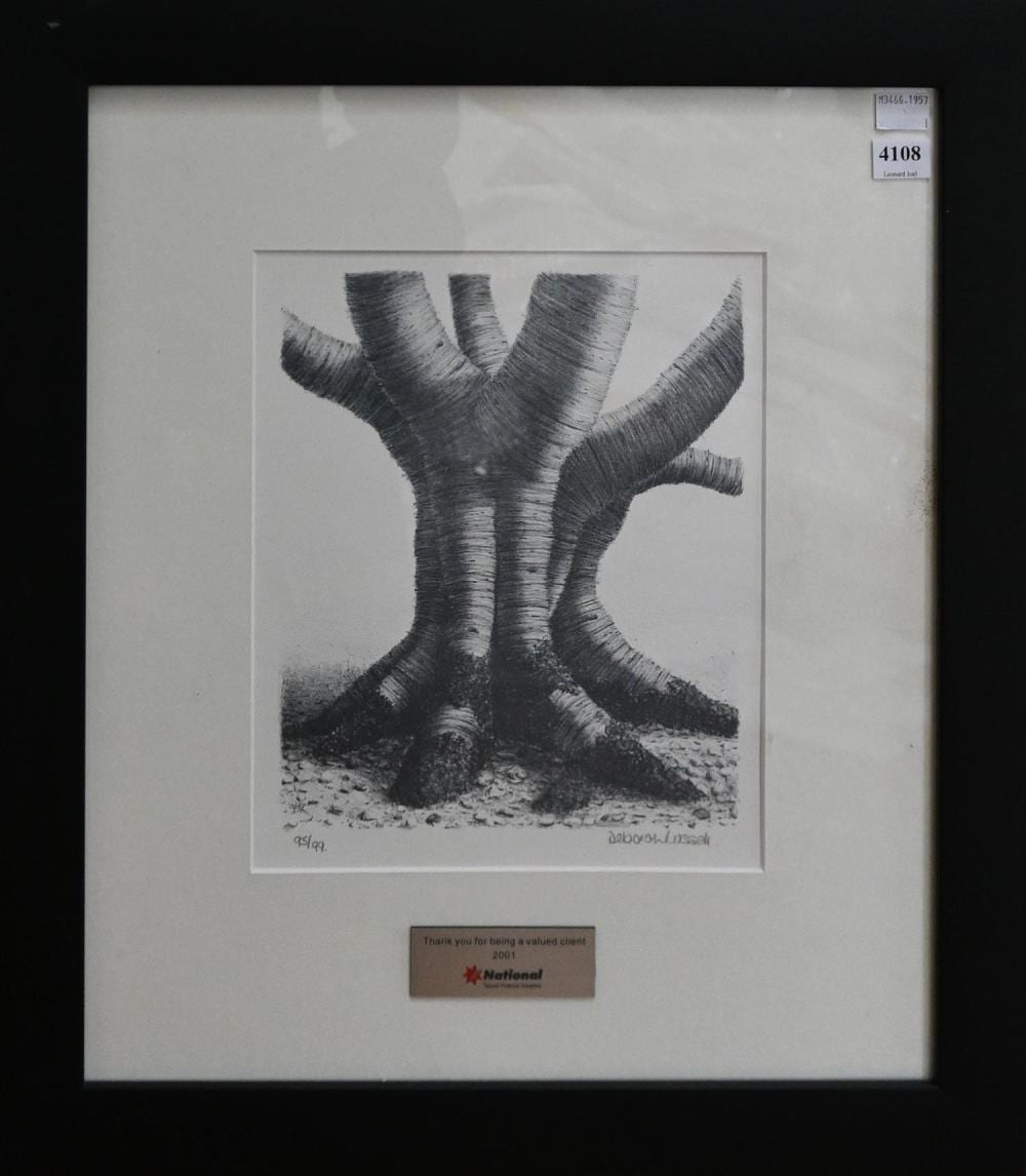 Deborah Russell comparable auction result: deborah russell tree trunk lithograph ed 95 99 24 x 20cm frame 50 5 x 44 5cm provenance the national australia bank art col
