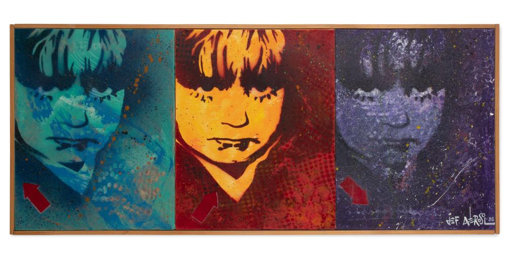 Jef Aerosol comparable auction result: jef aerosol fran ais n en 1957 the kid 1998 pochoir peinture a rosol sur trois toiles assembl es sign et dat