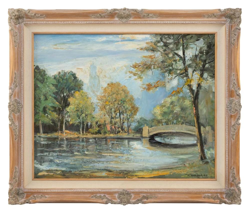Bela Detirefort comparable auction result: bela detirefort new york florida 1894 1993 bow bridge central park new york with the carlyle hotel in the background oil on canvas 24 x 30 framed 31 x 37