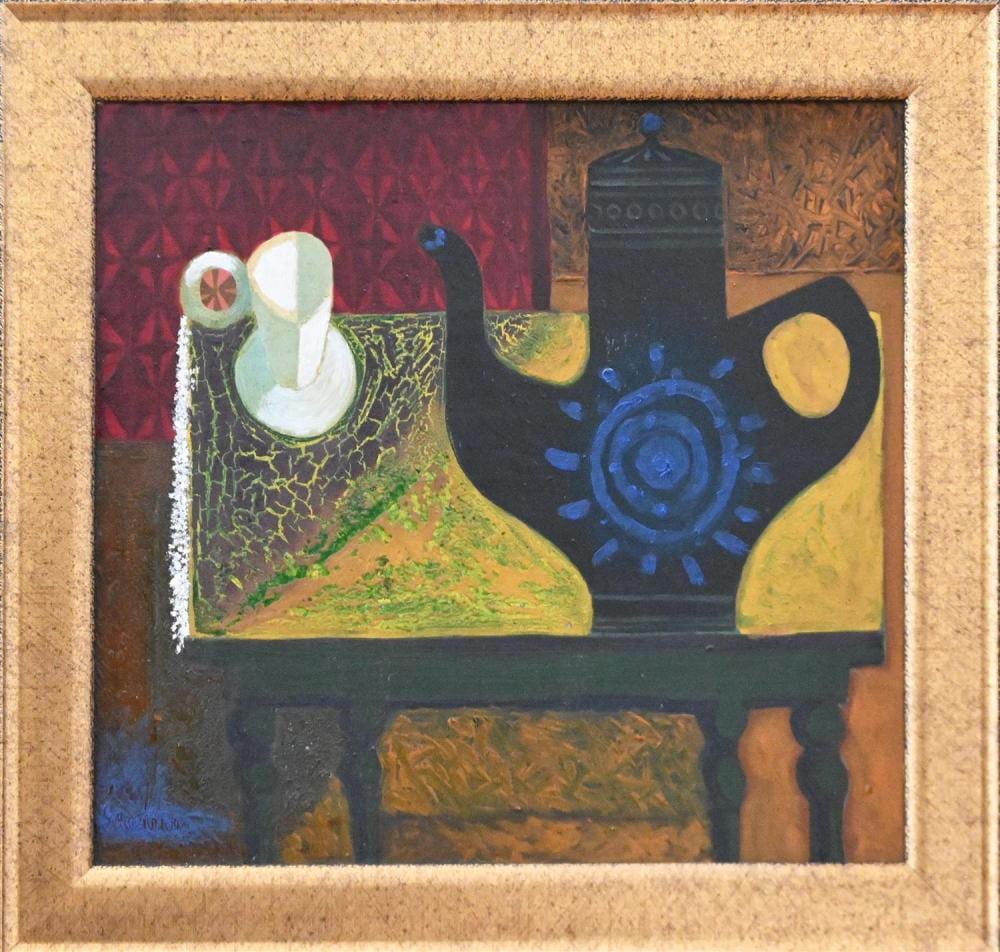 Ronald Greenaway comparable auction result: ronald greenaway coffee mug saucer and cup 1958 1961 oil on board signed and dated lower left 41 x 45cm frame size 52 x 56cm