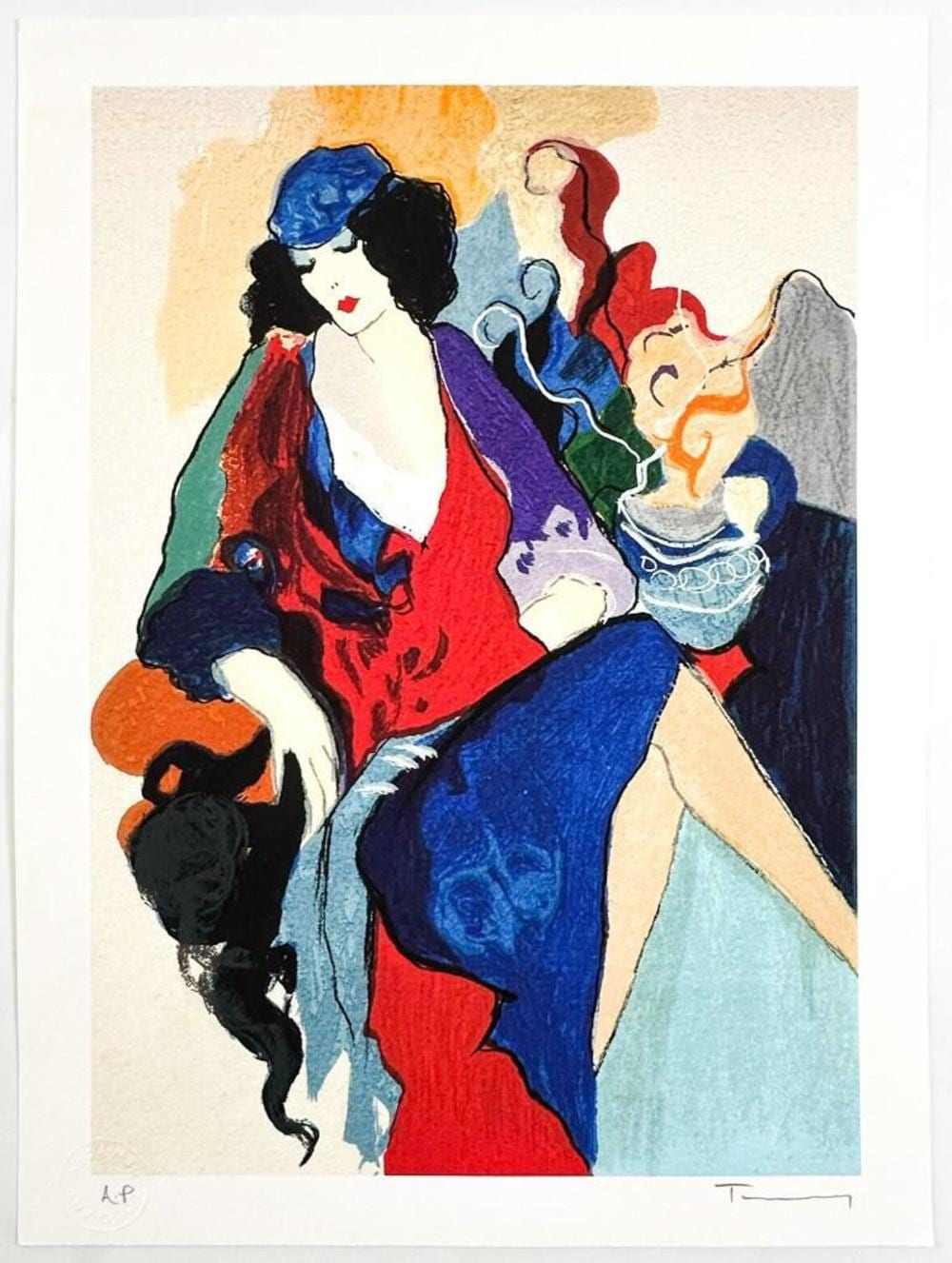Color serigraph print showing three figures in conversation, with a woman in a red dress and a man in blue and black profiles.