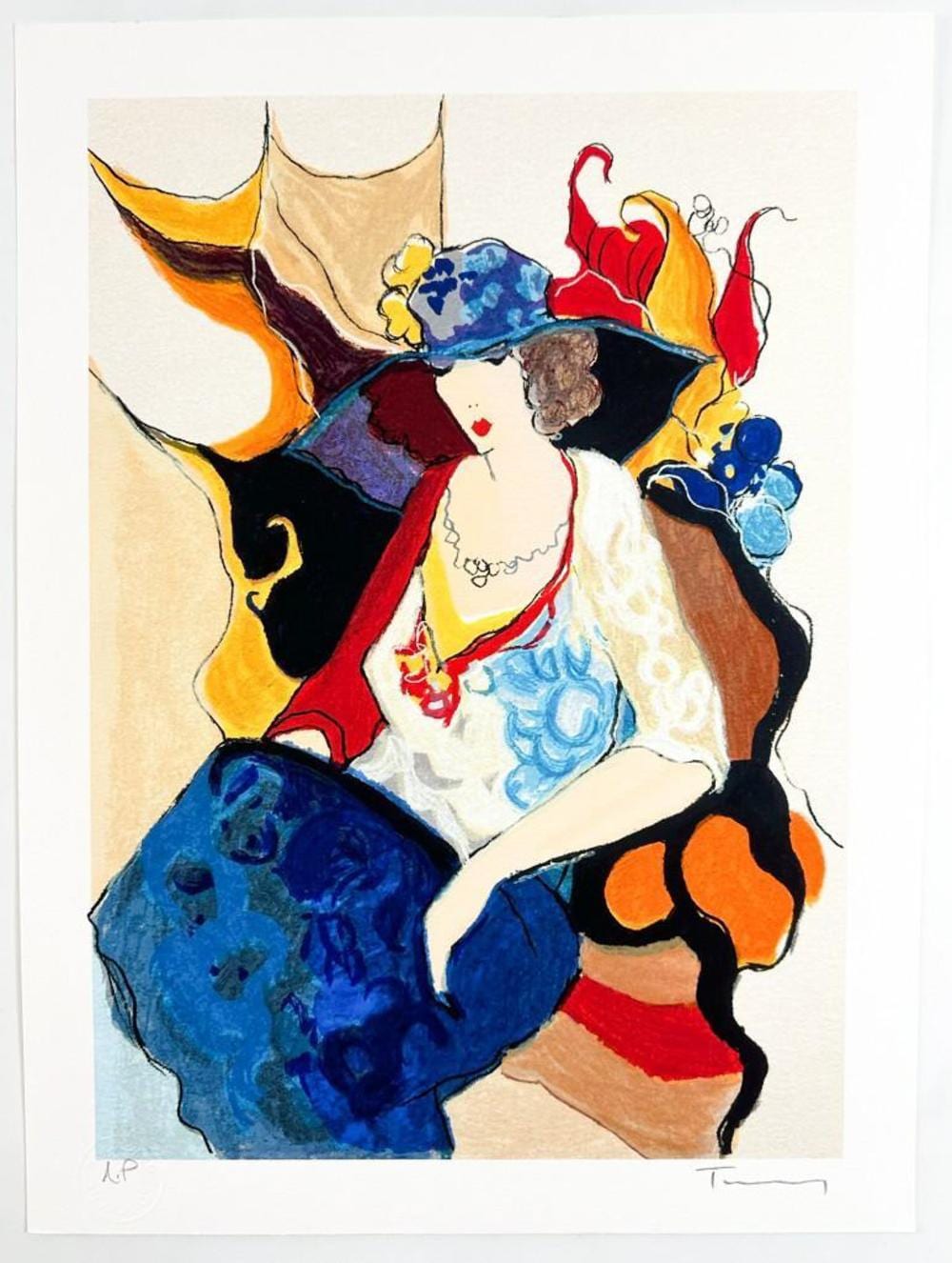 Colorful abstract figurative print showing a seated nude woman with flowing garments and a blue guitar-like shape, signed in pencil at bottom.