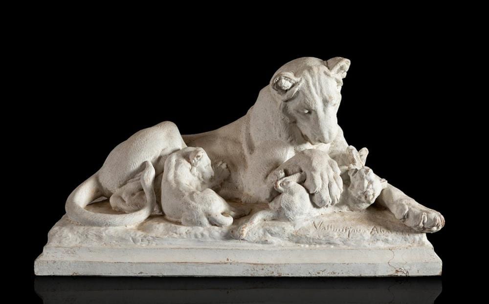 Agapit Vallmitjana i Abarca comparable auction result: agapit vallmitjana i abarca barcelona 1850 1915 lioness with her cubs patinated terracotta signed presents some breakage and restorations