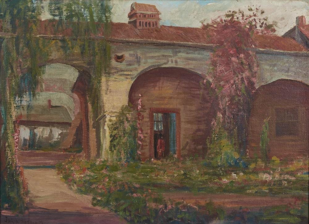 James Arthur Merriam comparable auction result: james arthur merriam canadian american 1880 1951 courtyard view mission san juan capistrano oil on canvas 22 x 30in 56 x 76cm