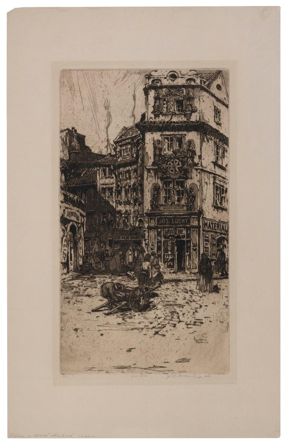 Jan C. Vondrous comparable auction result: jan c vondrous america czech republic 1884 1970 village scene with cart 1913 etching 11 5 x 5 5 matted 16 x 20