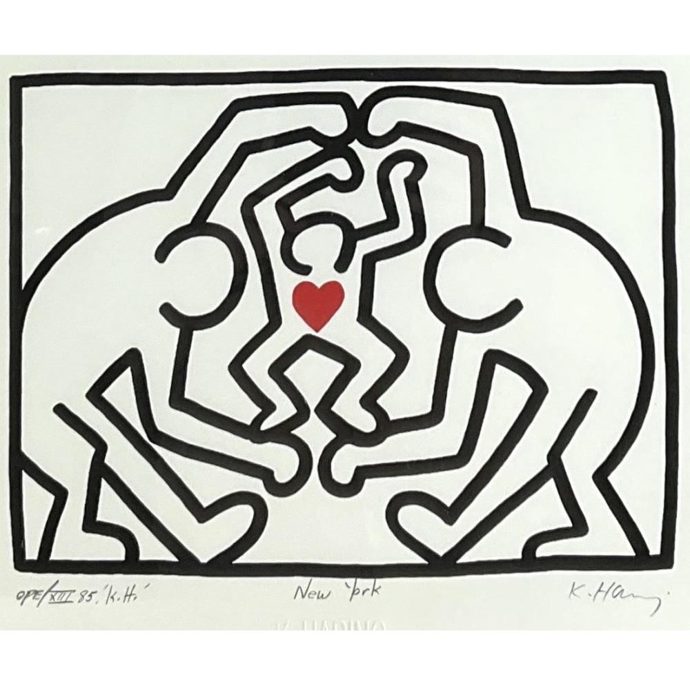 Colorful graffiti-style drawing on a white background with black outlines, a red heart, and abstract shapes.