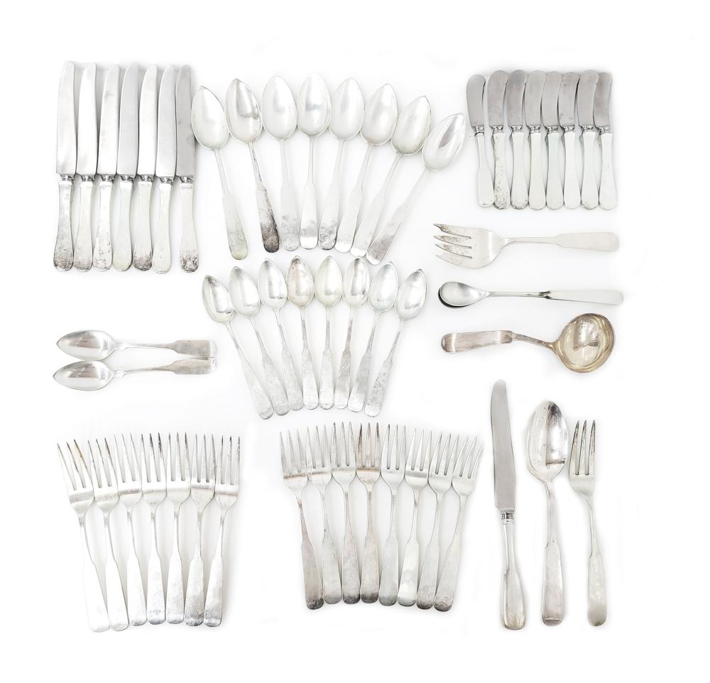 Auction comp thumbnail for Old Newbury Crafters Sterling Silverware Set 56 Pieces Panel Antique Approx. 95ozt (Hess Fine Art, Lot 1000)