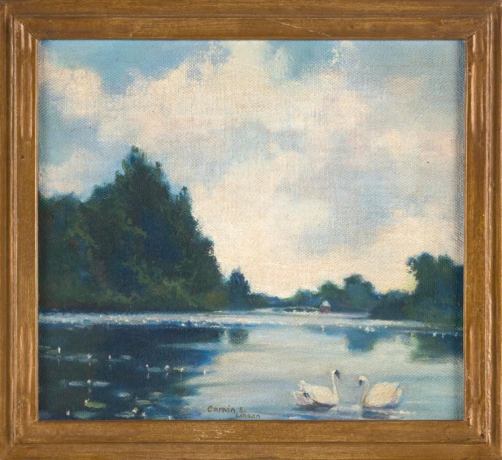 corwin knapp linson new jersey 1864 1934 lake scene with swans oil on canvas board 9 x 10 framed 10 75 x 11 75 · Eldred's · 2023-01-27 Corwin Knapp Linson comparable auction result: corwin knapp linson new jersey 1864 1934 lake scene with swans oil on canvas board 9 x 10 framed 10 75 x 11 75