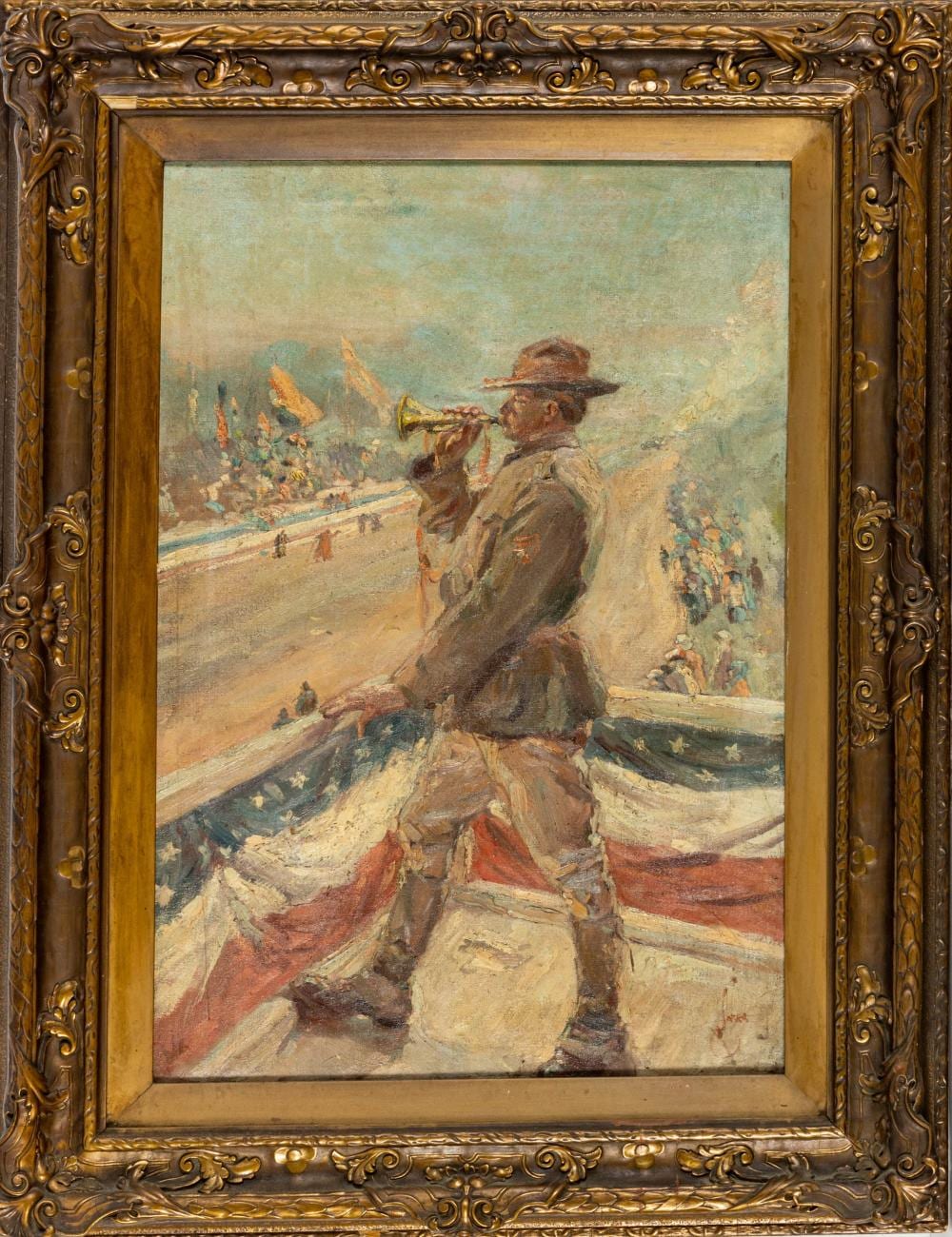 Framed painting of a uniformed bugler standing before flags and spectators.