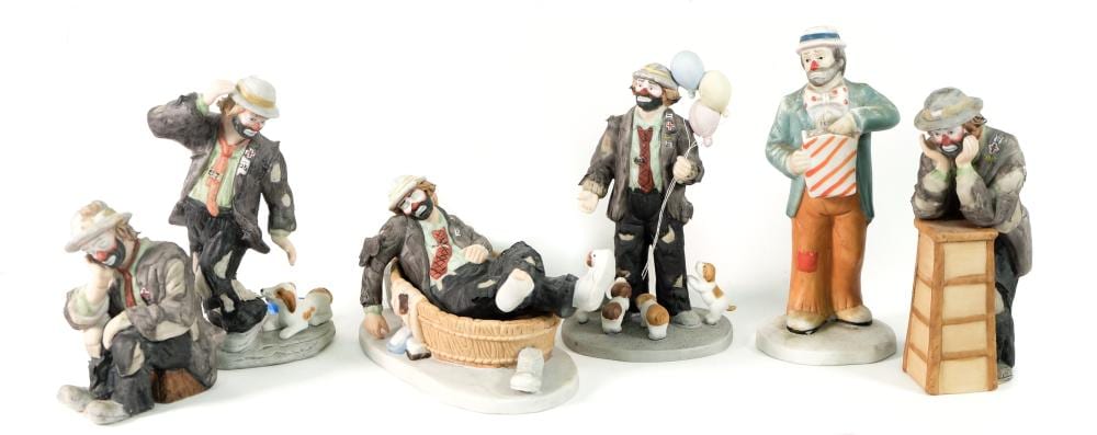 Group, 6 Emmett Kelly Jr Flambro Figurines sold by Gallery 63, lot 229 — auction record photograph