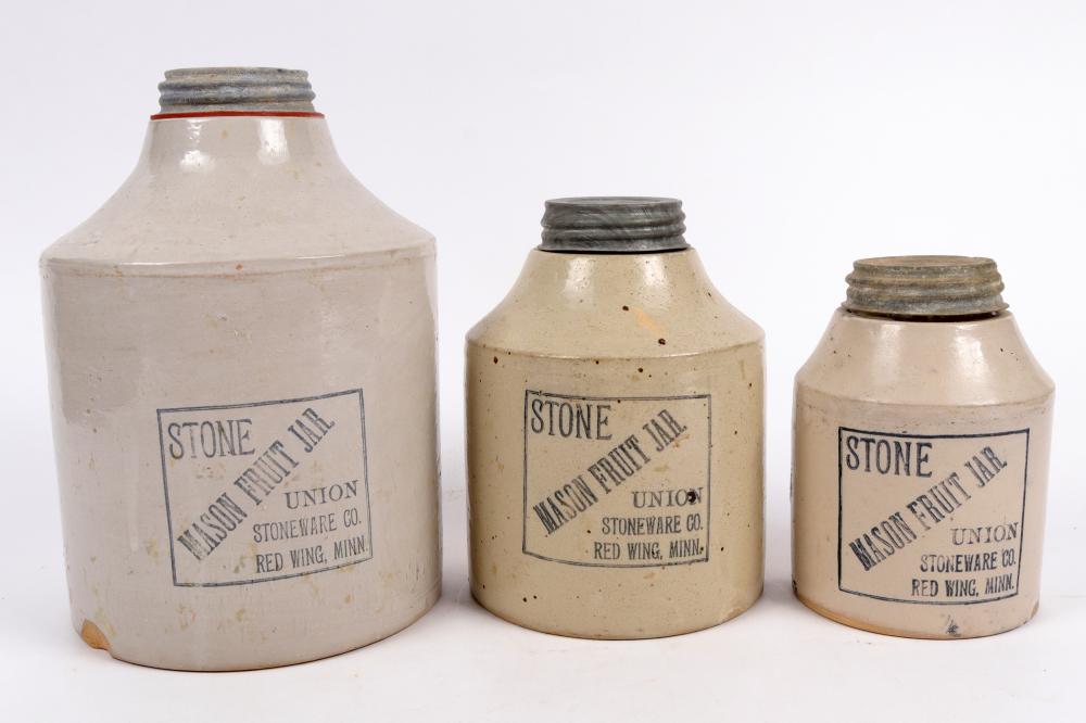 RARE MASON FRUIT STONEWARE CANNING JARS, 3 [159898] sold by Holabird Western Americana, lot 2403 — auction record photograph