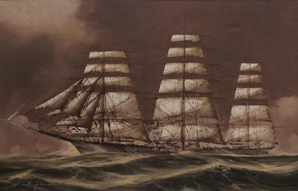 Renato Longanesi comparable auction result: renato longanesi italy b 1931 clipper in stormy sea oil on canvas frame 33 x 45 in 83 8 x 114 3 cm