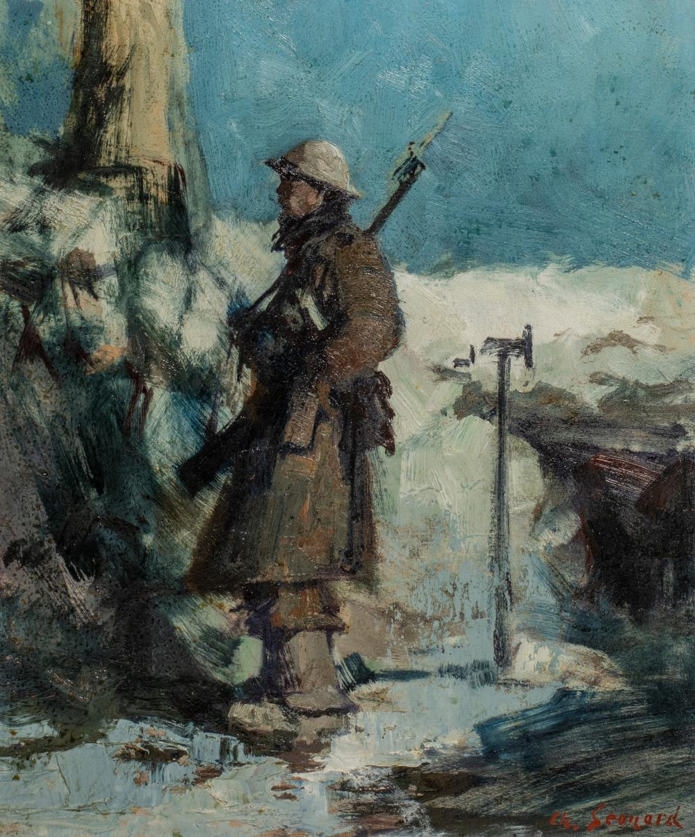 Charles Leonard comparable auction result: charles leonard 1901 1980 soldier on his post in the trenches 1916 oil on panel 38 x 46 cm