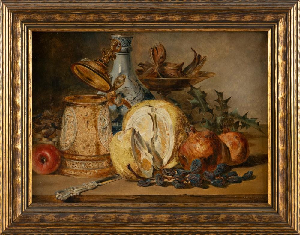 James William Walker comparable auction result: james william walker england 1831 1898 still life of fruit a tankard and leaves oil on canvas 11 x 15 25 framed 14 75 x 18 75