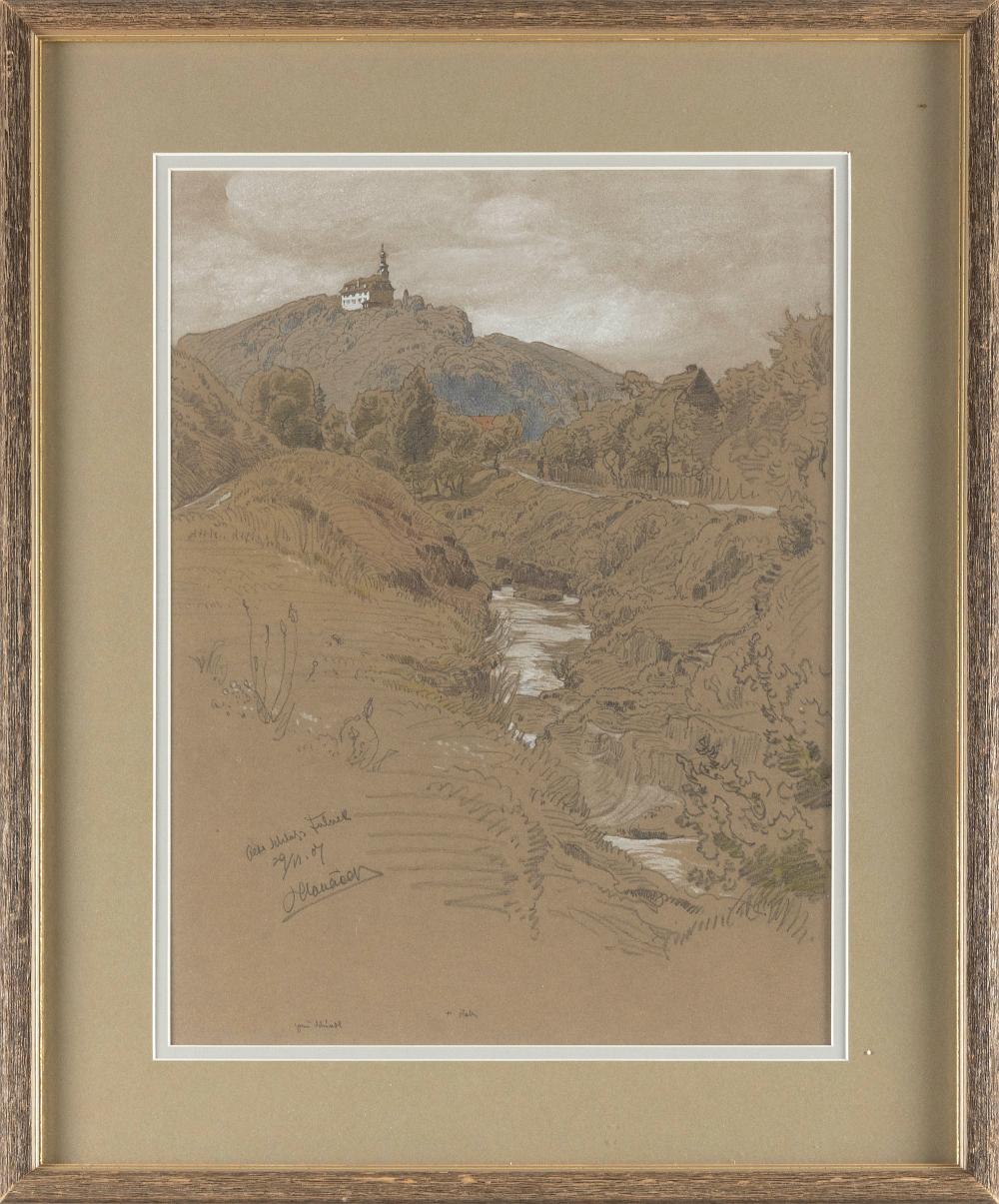 Anton Hlavácek comparable auction result: anton hlavacek austria 1842 1926 european landscape with a river and a hilltop church pencil gouache and watercolor on paper 17 x 12 sight framed 22 x 18